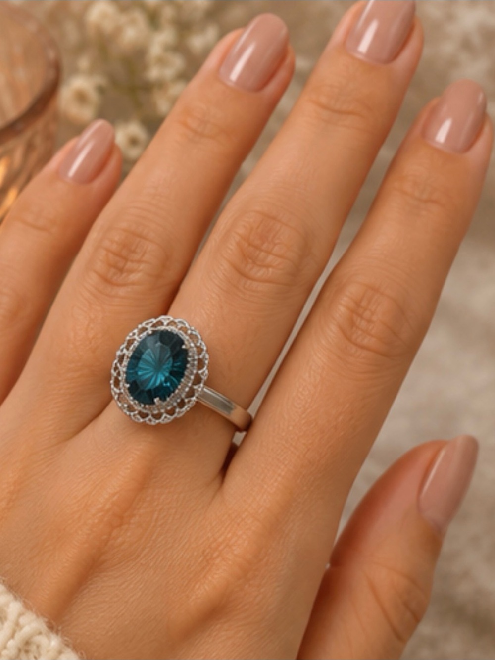 Vintage Teal Blue Oval Halo Cocktail Ring - 925 Statement Ring Size 8 - Picture 4 of 5